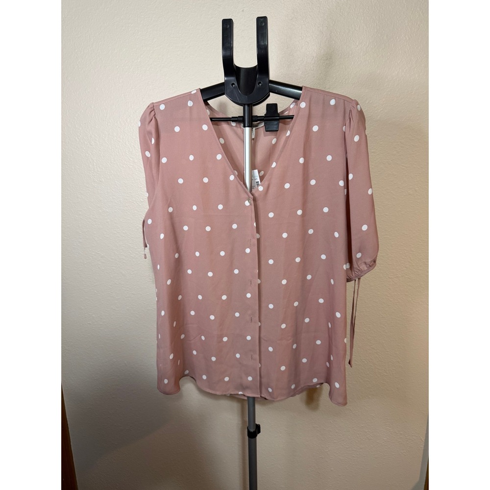 Maurices Pink Polka Dot V-Neck Button Front Tie Sleeve Blouse Large NWT